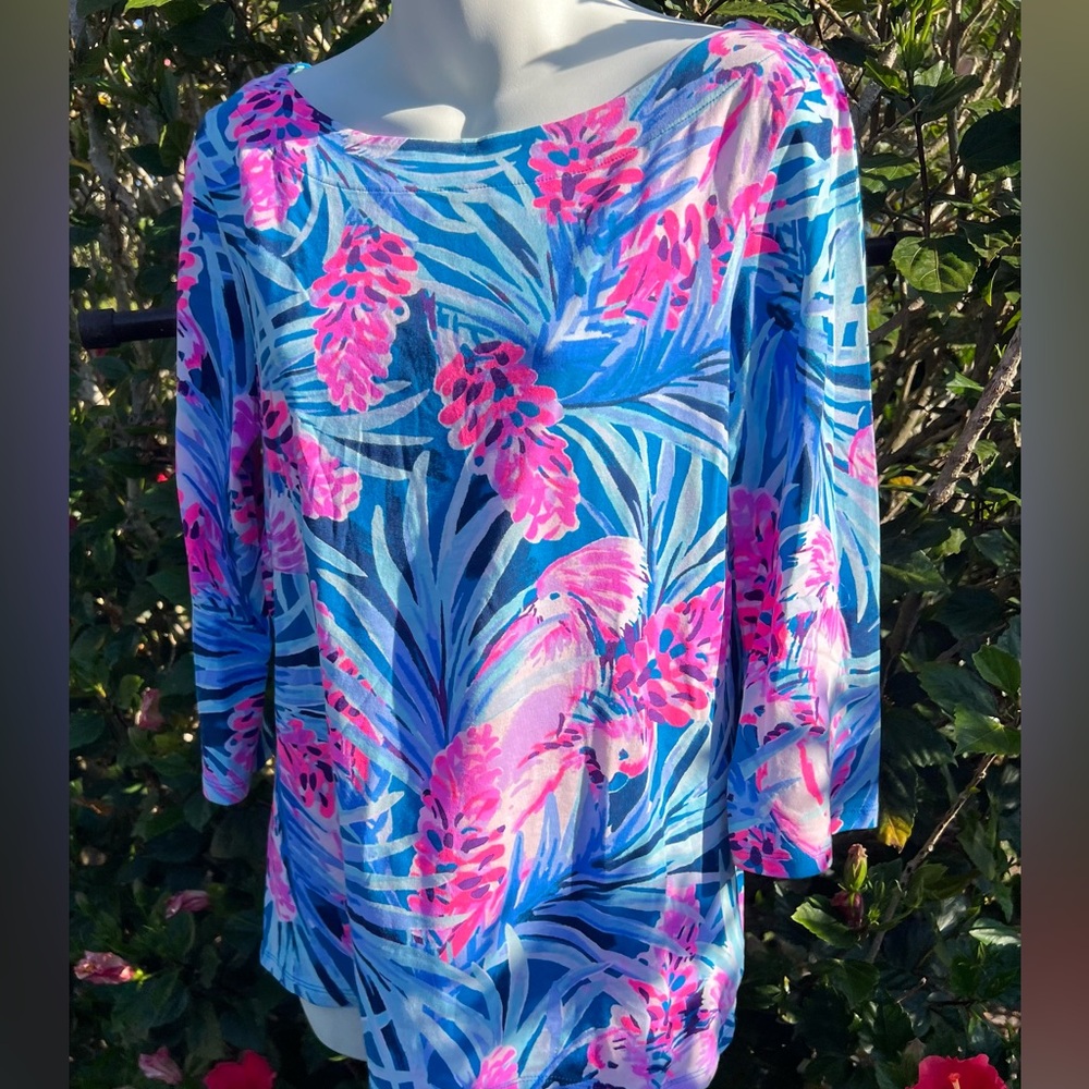 Lilly Pulitzer Waverly Pink Blue Top Medium boat neck 3/4 sleeves Like New